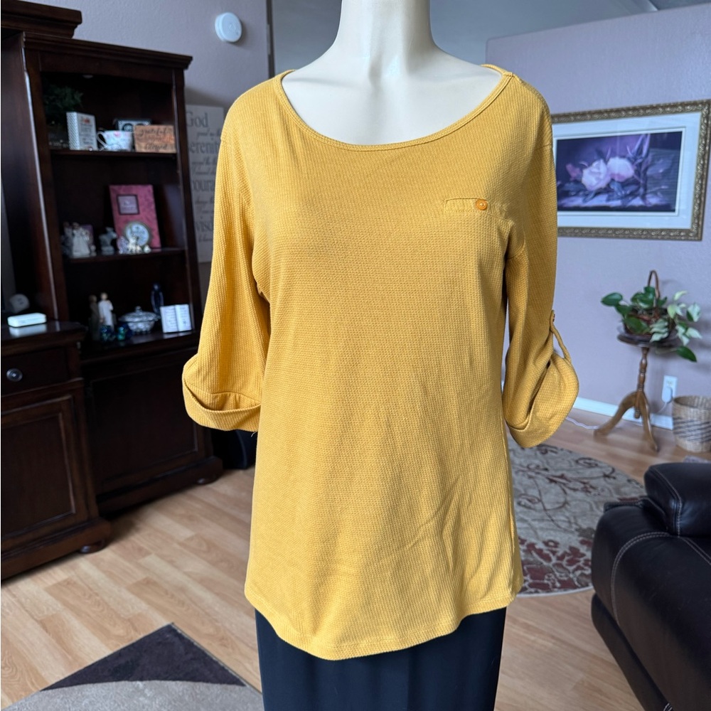 Phenomenal mustard yellow 3/4 roll tab sleeves blouse-size L